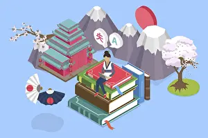 Communication Skills Training Prints: 3D Isometric Flat Vector Illustration of Language School