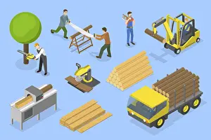 Forestry Worker Prints: 3D Isometric Flat Vector Illustration of Timber Industry