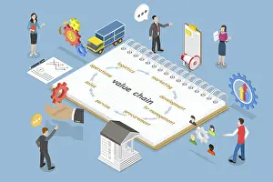 Capital Market Symbolism Prints: 3D Isometric Flat Vector Illustration of Value Chain