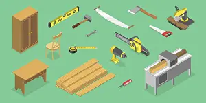 Aviation Industry Equipment Prints: 3D Isometric Flat Vector Set of Carpentry Items