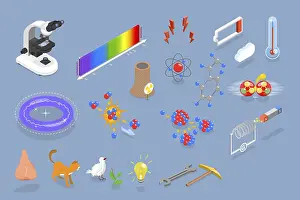 Educational Institution Graphics Prints: 3D Isometric Flat Vector Set of Physics Items