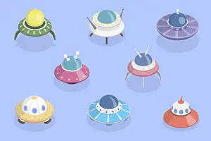 Night Sky Illustration Prints: 3D Isometric Flat Vector Set of Spaceships