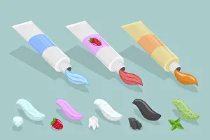 Dental Care Prints: 3D Isometric Flat Vector Set of Toothpaste Of Different Tastes