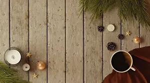 Wooden Surface Decor Prints: A 3D render featuring a cozy setting with lit candles