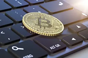 Blockchain Technology Image Prints: 3d rendering of a bitcoin coin on a keyboard