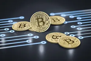 Blockchain Technology Image Prints: 3d rendering of a some bitcoin coins on a dark electronic background
