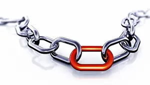 Teamwork And Partnership Concept Prints: 3D rendering of a chain with a red link