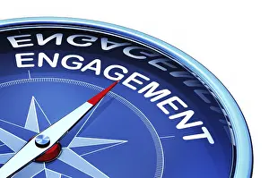 Business Success Concept Prints: 3D rendering of a compass with a engagement icon