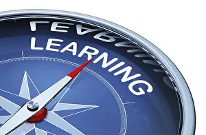 Learning Concept Image Prints: 3D rendering of an compass with an learning icon