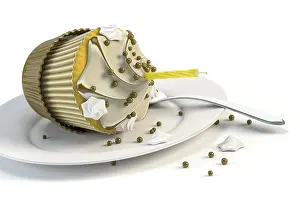 Empty Plate With Sweets Prints: 3d rendering of an overturned cupcake on a plate
