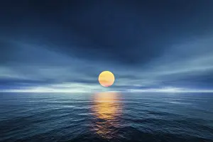 Orange Atmospheric Light Prints: 3d rendering of a sunset over the sea