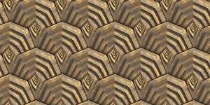 Symmetrical Geometric Pattern Prints: A 3D shield-shaped pattern with metallic tones
