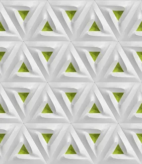 Abstract Geometric Design Prints: Abstract 3D geometric pattern featuring repetitive green and white triangular shapes