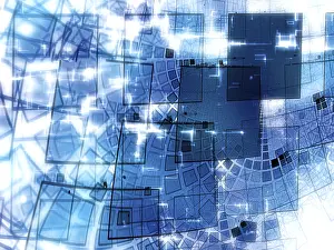 Abstract Fractal Art Prints: Abstract white and blue technology background - computer-generated image