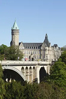 Prints of Adolphe Bridge with State Bank and Savings Bank, City of Luxembourg, Luxembourg Luxembourg Prints: Adolphe Bridge Print, Luxembourg City