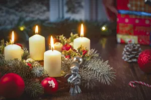 Ornate Christmas Ornaments Prints: Advent wreath in front of window