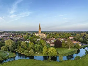 Prints of Aerial view of the city of Salisbury with Salisbury Cathedral and the River Avon, Salisbury Wiltshire, England, United Kingdom Salisbury Prints: Aerial View of Salisbury Print, Wiltshire, England UK