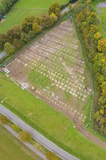 Agricultural Land Use Aerials Prints: Aerial view of a field with sections under construction