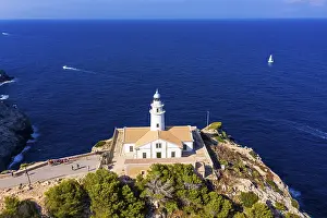 Rocky Shoreline Photography Prints: Aerial view, Lighthouse Far de Capdepera with cliffs