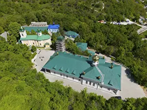 Prints of Aerial view of a monastery with green roofs set in natural surroundings, aerial photograph, Saharna Monastery, Holy Trinity Monastery, monastery of the Moldovan Orthodox Church Moldova Prints: Aerial View of Saharna Monastery Print, Moldova