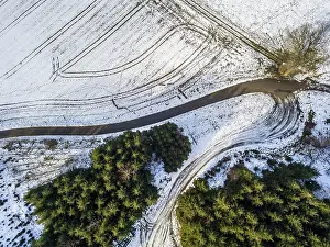 European Winter Scenery Prints: Aerial view of snow-covered fields