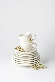 White Ceramic Plates Prints: Aesthetic stack of white tableware including cups and plates adorned with tiny spring flowers