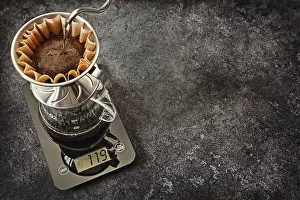 Modern Architecture Kitchen Design Prints: Alternative Coffee Brewing. Dripping Water From Gooseneck Kettle Into Coffee Dripper Filter Holder With Coffee Ground