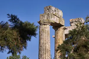 Peloponnese Archaeological Site Prints: Ancient columns with trees in the foreground