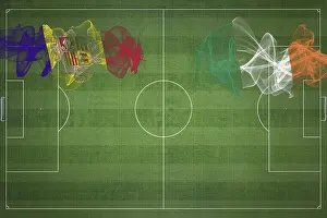 Prints of Andorra vs Ireland Soccer Match, national colors, national flags, soccer field, football game, Competition concept, Copy space Andorra Prints: Andorra vs Ireland Soccer Match Print