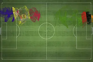 Prints of Andorra vs Zambia Soccer Match, national colors, national flags, soccer field, football game, Competition concept, Copy space Andorra Prints: Andorra vs Zambia Soccer Match Print