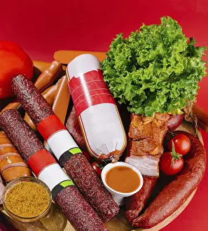 Framed Print : Sausage Print on Red Background