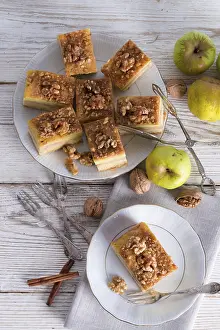 European Desserts Prints: Apple strudel with vanilla pudding and nuts