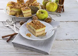 Appetizing Desserts Prints: Apple strudel with vanilla pudding and nuts
