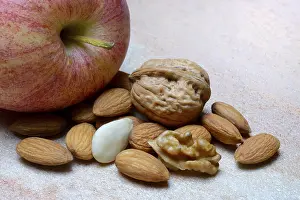 Empty Table Setting For Food Photography Prints: Apple and various nuts, walnuts and almonds