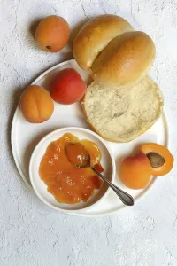 Fruit Dessert Prints: Apricot jam in shell and sliced roll