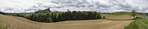 Prints of Arable land, meadows and forest, Riegersburg Castle in the background, panoramic view, East Styrian volcanic region, near Riegersburg, Styria, Austria Castle Prints: Austrian Landscape Print: Riegersburg Castle and Countryside