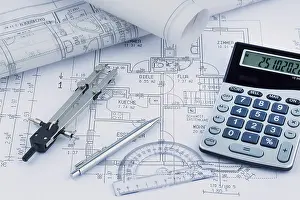 European Construction Project Prints: An architect's construction plan with a calculator