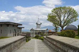 Rabati Fortress Georgia Prints: Architectural structure with tower and trees under a cloudy sky along a paved path