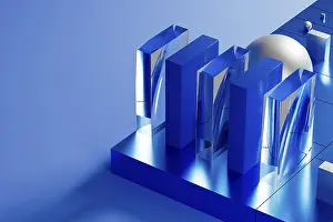Blue Geometric Forms Prints: An array of geometric forms cast in blue illuminates a stunning 3D technological environment