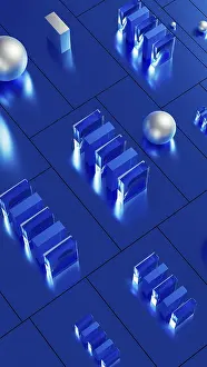 Blue Geometric Forms Prints: An array of geometric forms cast in blue illuminates a stunning 3D technological environment