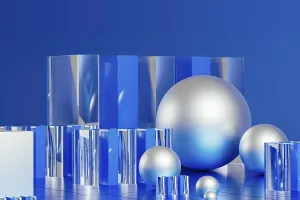 Blue Geometric Forms Prints: An array of geometric forms cast in blue illuminates a stunning 3D technological environment