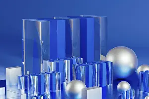 Blue Geometric Forms Prints: An array of geometric forms cast in blue illuminates a stunning 3D technological environment