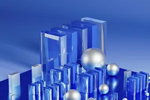 Blue Geometric Forms Prints: An array of geometric forms cast in blue illuminates a stunning 3D technological environment