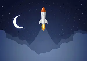 Pictogram Of A Rocket Ship Prints: Art launch rocket with sky space. Startup concept