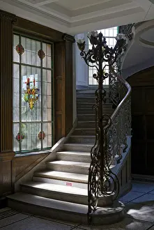 Prints of Artistically designed stained glass window, elegant staircase, carved banister, Villa Pauly, Boulevard de la Petrusse 57, Gare, Luxembourg, Luxembourg City, Luxembourg Luxembourg Prints: Luxembourg City Stained Glass Window Print