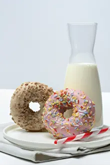 Decorative Donuts Prints: Assorted donuts and jar with milk