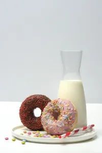 Assorted Donuts Prints: Assorted donuts and jar with milk