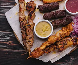 Diverse Food Options Prints: Assorted grilled meats on top view