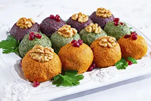 Colorful Vegetable Plate Prints: Assortment of Pkhali, pumpkin, spinach and beetroot