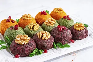 Beetroot Dish Prints: Assortment of Pkhali, pumpkin, spinach and beetroot
